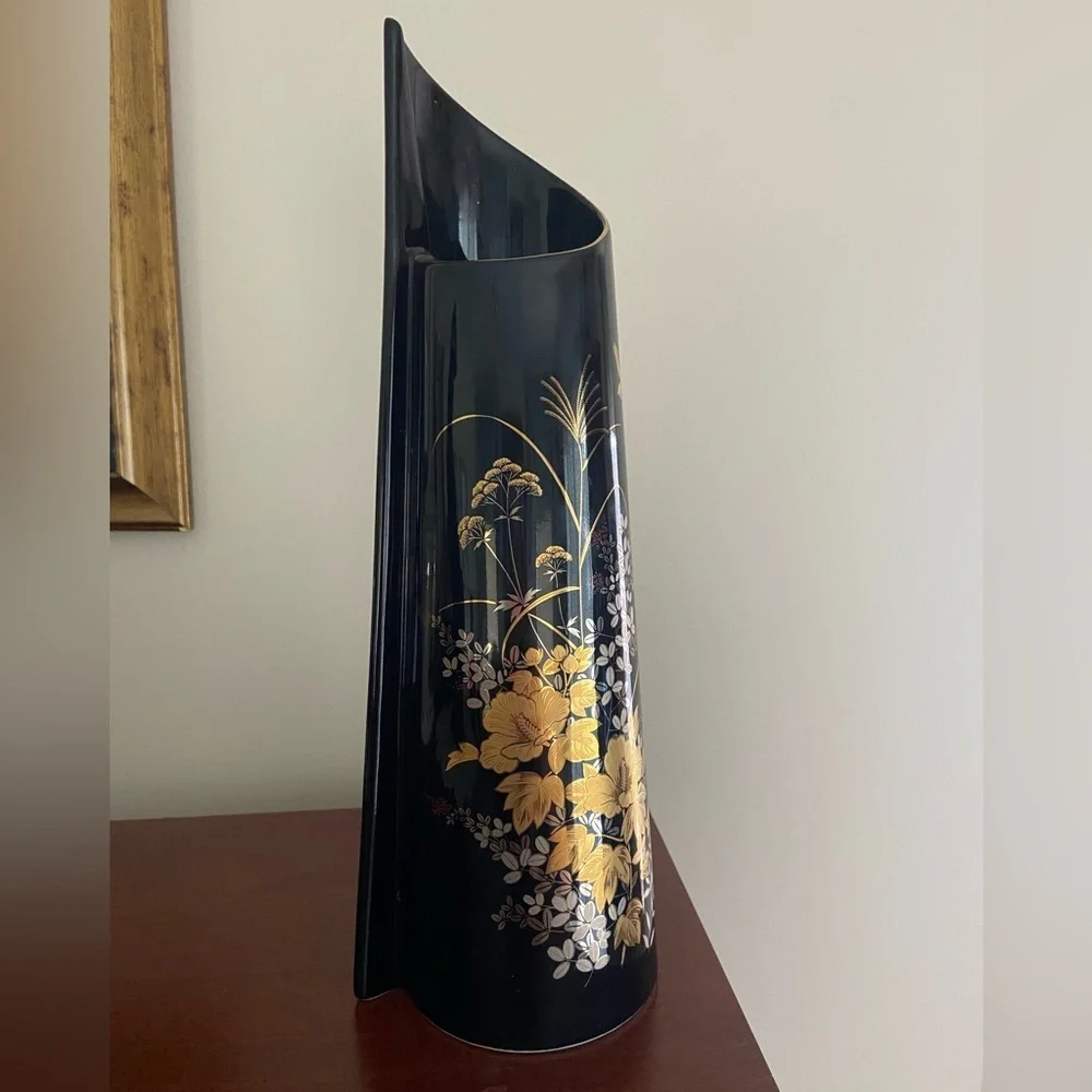 JAPAN TALL YAMAJI Wrap Black PORCELAIN VASE - Gold FLORAL & BIRD DESIGN